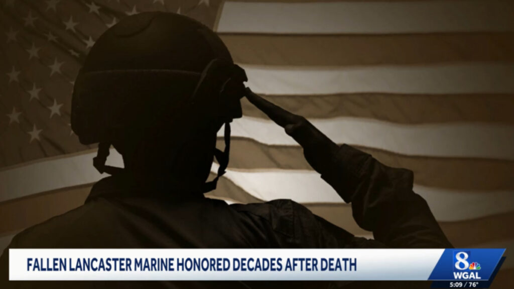 Graphic of soldier in front on flag