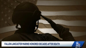 Graphic of soldier in front on flag
